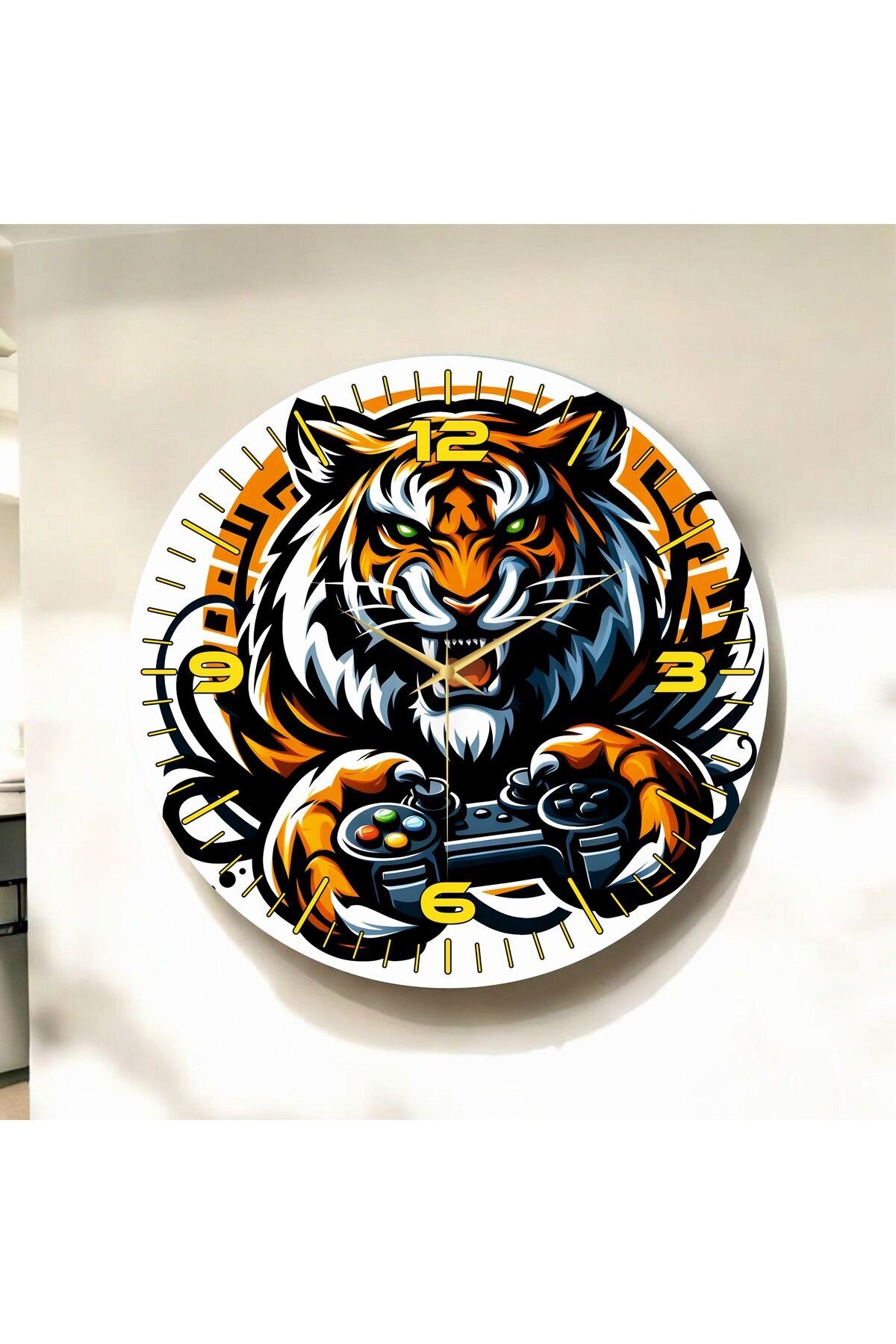 Renkli Baskı Gamer Kaplan Desenli Sayılı Hediyelik Ahşap Sessiz Duvar Saati 50cm