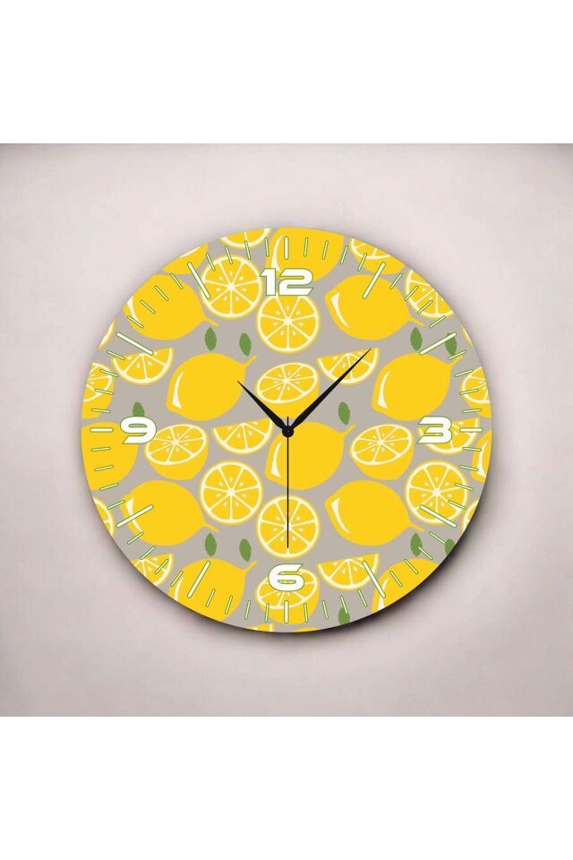 Sarı Renkli Baskı Limon Desenli Sayılı Hediyelik Ahşap Sessiz Duvar Saati 50cm