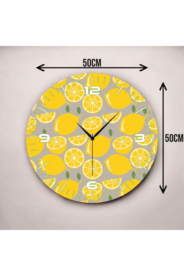 Sarı Renkli Baskı Limon Desenli Sayılı Hediyelik Ahşap Sessiz Duvar Saati 50cm