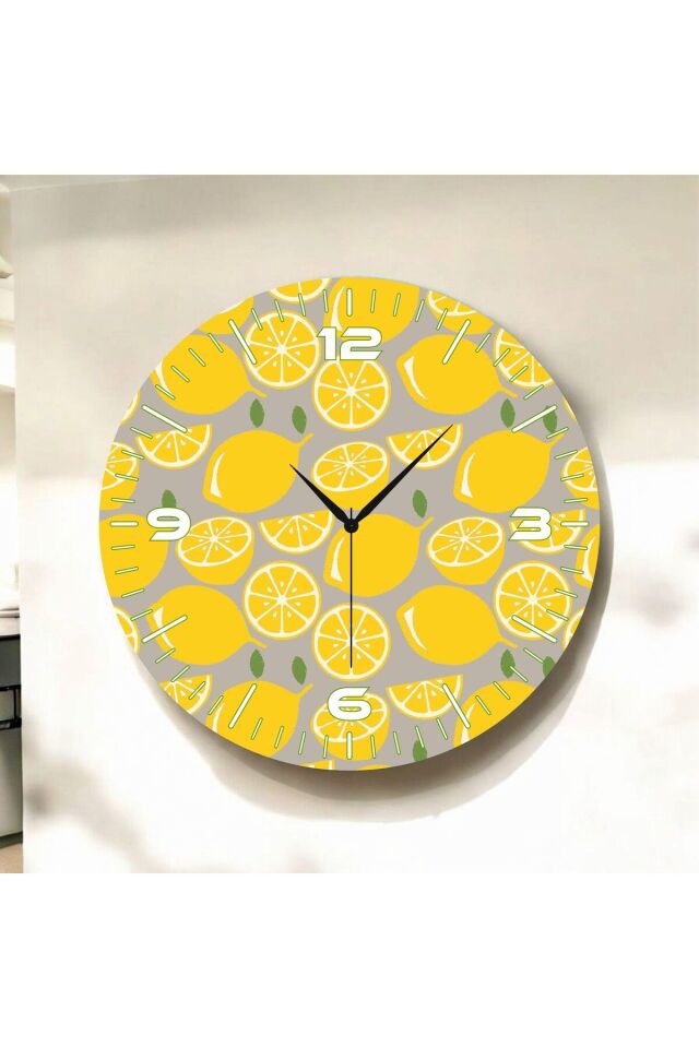 Sarı Renkli Baskı Limon Desenli Sayılı Hediyelik Ahşap Sessiz Duvar Saati 50cm