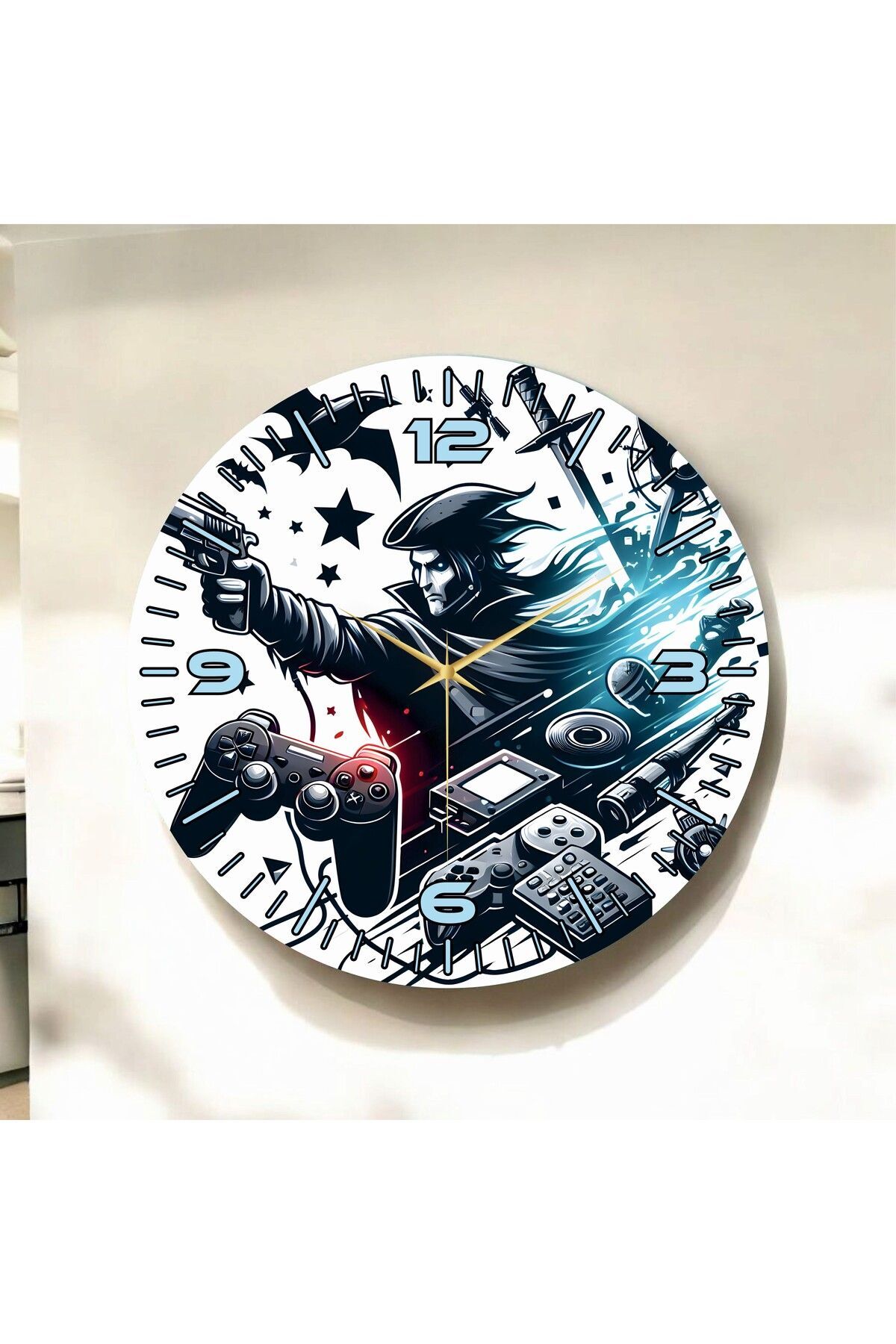 Siyah Beyaz Renkli Baskı Game ve Oyun Konsolu Desenli Sayılı Hediyelik Ahşap Sessiz Duvar Saati 50cm
