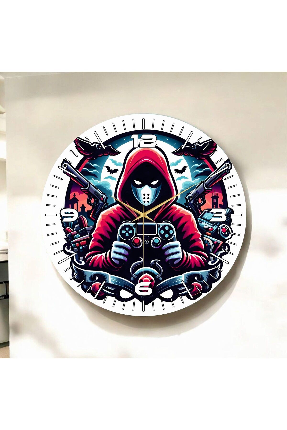 Renkli Baskı Gamer Desenli Sayılı Hediyelik Ahşap Sessiz Duvar Saati 50cm