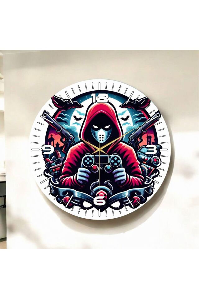 Renkli Baskı Gamer Desenli Sayılı Hediyelik Ahşap Sessiz Duvar Saati 50cm