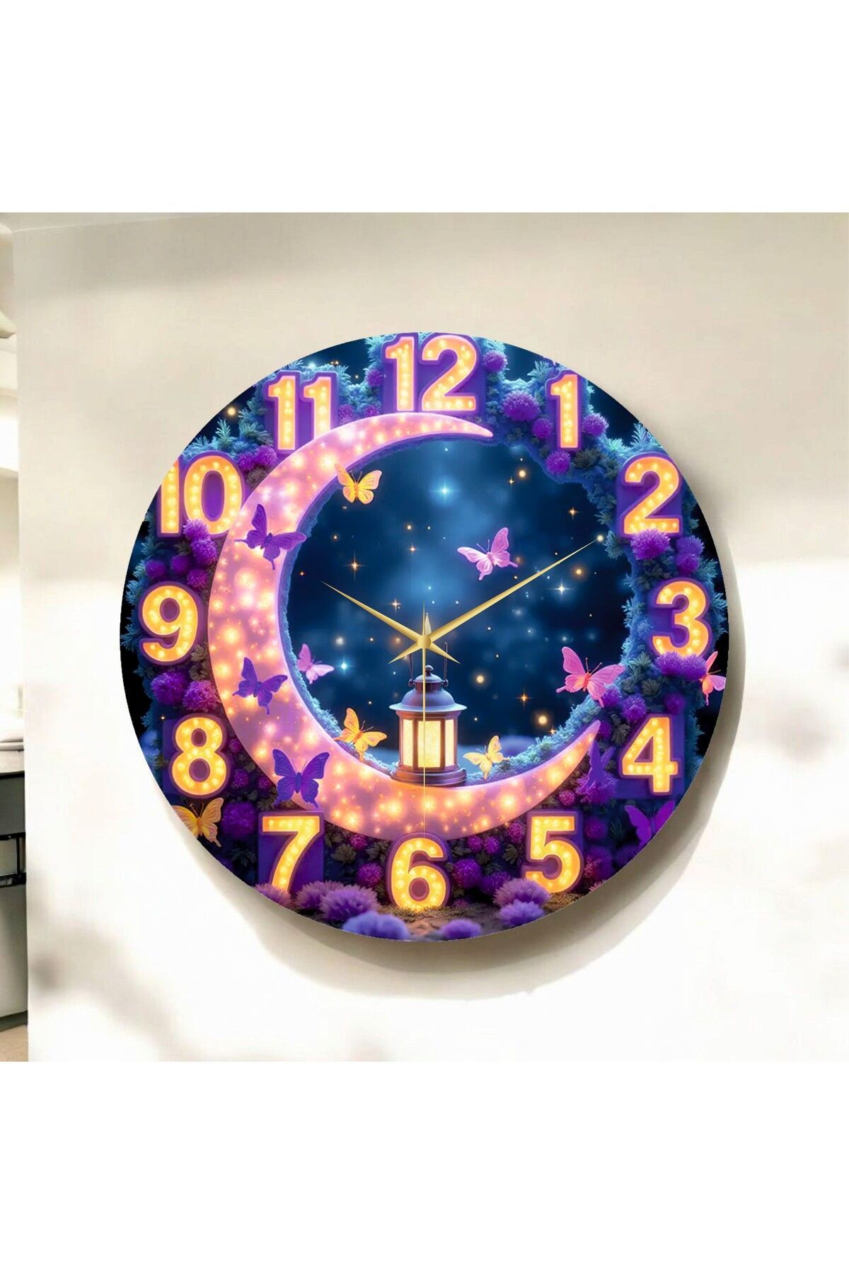 Led Görünümlü Renkli Baskı Hilal ve Kelebek Desenli Sayılı Hediyelik Ahşap Sessiz Duvar Saati 50cm