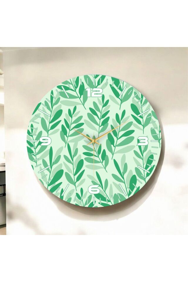 Yeşil Renkli Baskı Çiçek Desenli Sayılı Hediyelik Ahşap Sessiz Duvar Saati 50cm