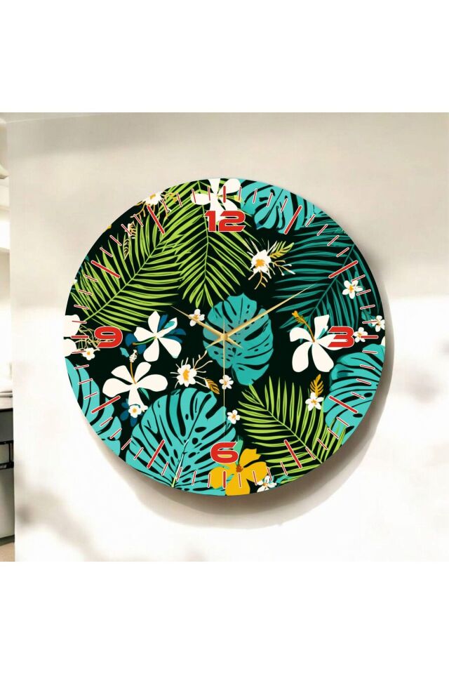 Renkli Baskı Çiçek Desenli Sayılı Hediyelik Ahşap Sessiz Duvar Saati 50cm