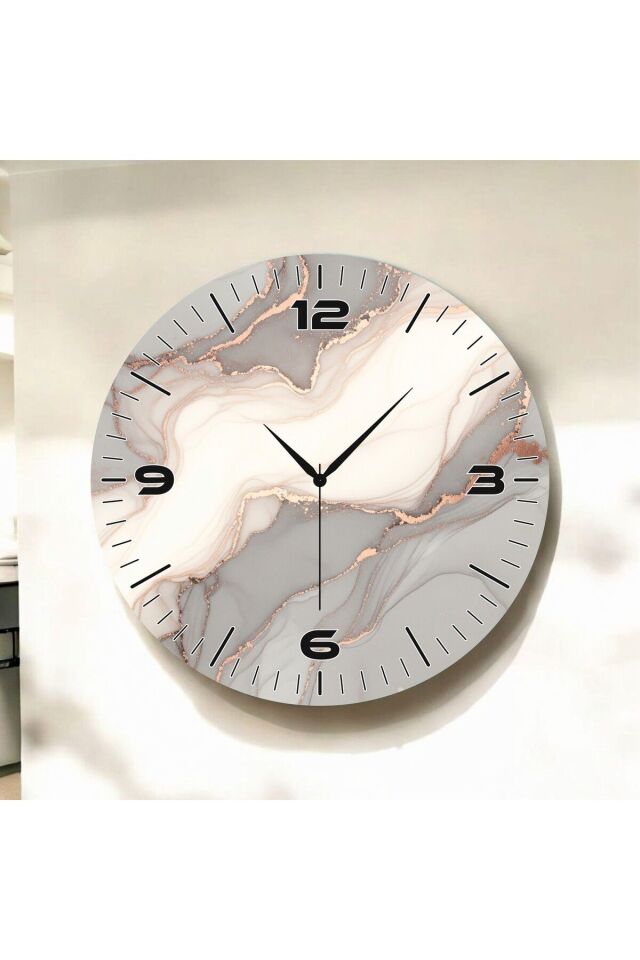 Açık Renkli Baskı Mermer Desenli Sayılı Hediyelik Ahşap Sessiz Duvar Saati 50cm