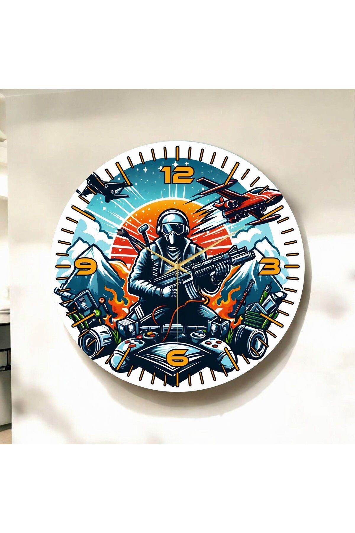 Renkli Baskı Gamer Tasarım Desenli Sayılı Hediyelik Ahşap Sessiz Duvar Saati 50cm