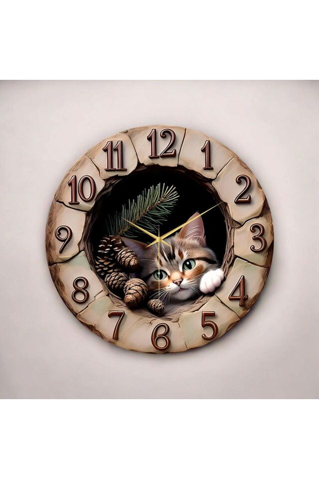 Ahşap Kabartma Görünümlü Renkli Baskı Kedi Desenli Sayılı Hediyelik Ahşap Sessiz Duvar Saati 50cm