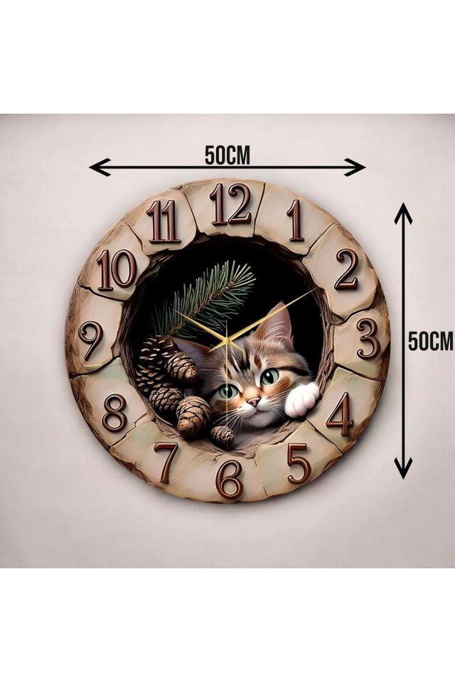Ahşap Kabartma Görünümlü Renkli Baskı Kedi Desenli Sayılı Hediyelik Ahşap Sessiz Duvar Saati 50cm