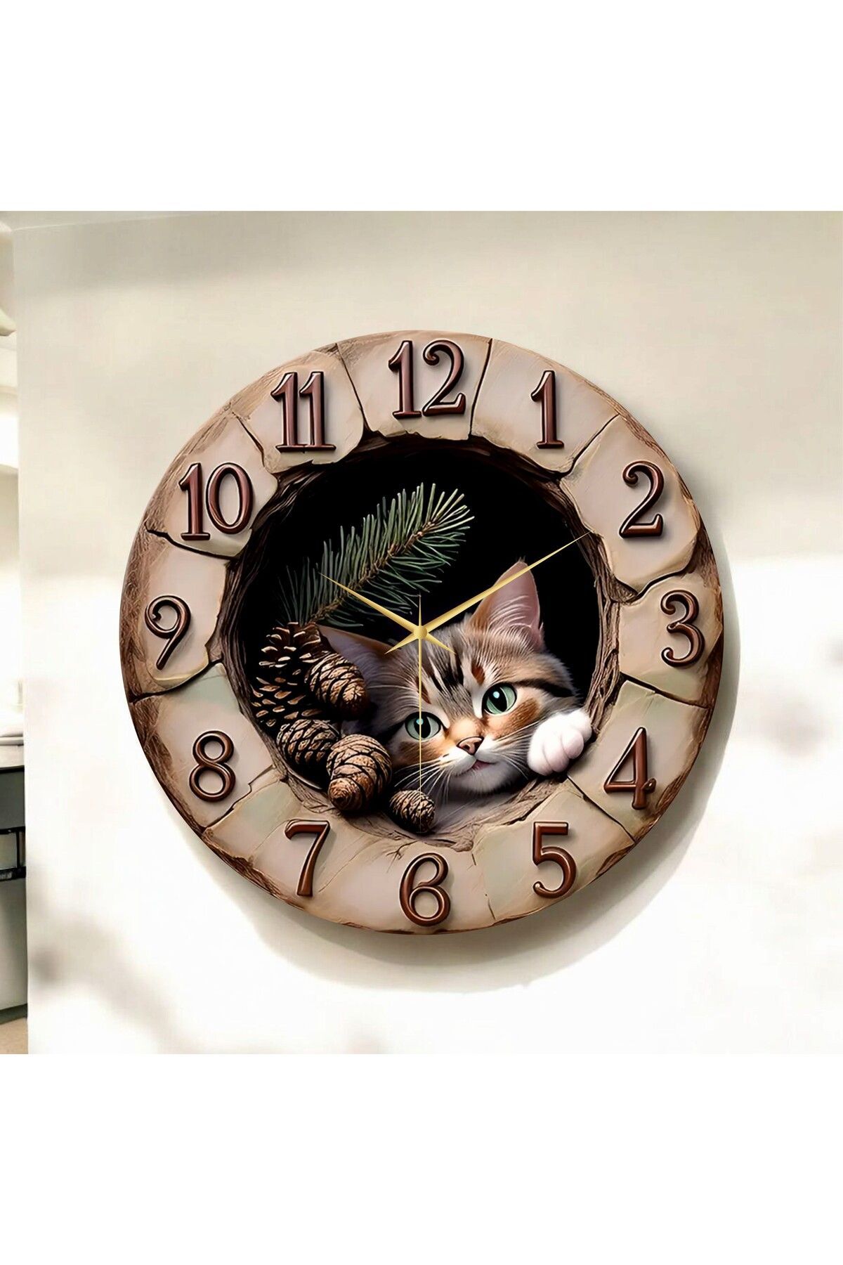 Ahşap Kabartma Görünümlü Renkli Baskı Kedi Desenli Sayılı Hediyelik Ahşap Sessiz Duvar Saati 50cm