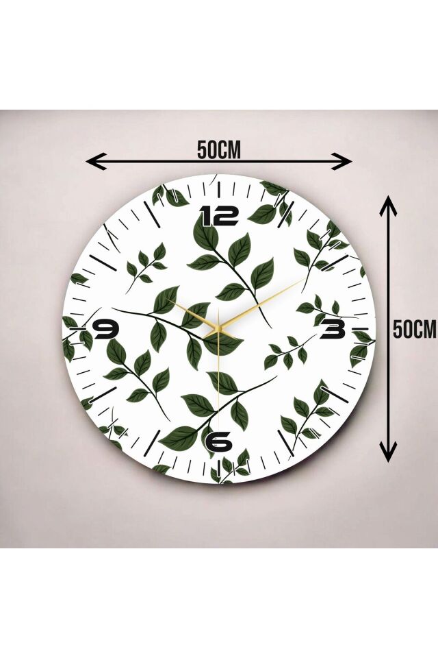 Beyaz Renkli Baskı Yaprak Desenli Sayılı Hediyelik Ahşap Sessiz Duvar Saati 50cm