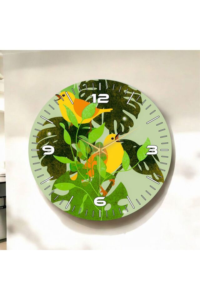 Renkli Baskı Kuş ve Yaprak Desenli Sayılı Hediyelik Ahşap Sessiz Duvar Saati 50cm