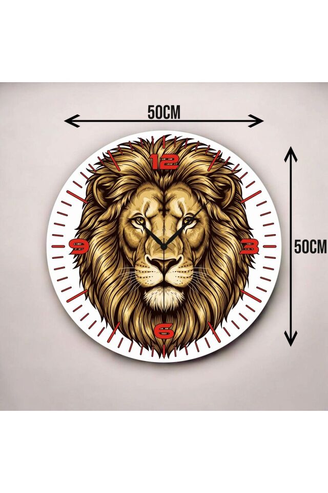 Renkli Baskı Aslan Desenli Sayılı Hediyelik Ahşap Sessiz Duvar Saati 50cm