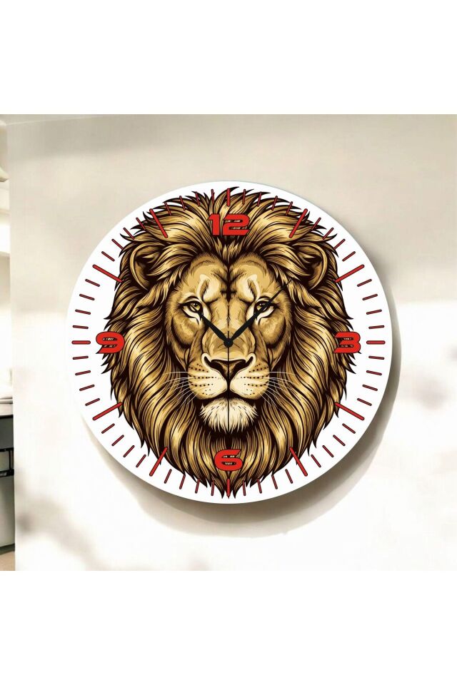 Renkli Baskı Aslan Desenli Sayılı Hediyelik Ahşap Sessiz Duvar Saati 50cm
