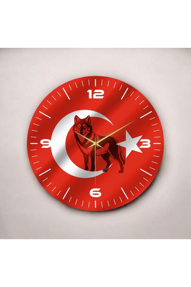 Kırmızı Renkli Baskı Bozkurt Türk Bayrağı Desenli Sayılı Hediyelik Ahşap Sessiz Duvar Saati 50cm