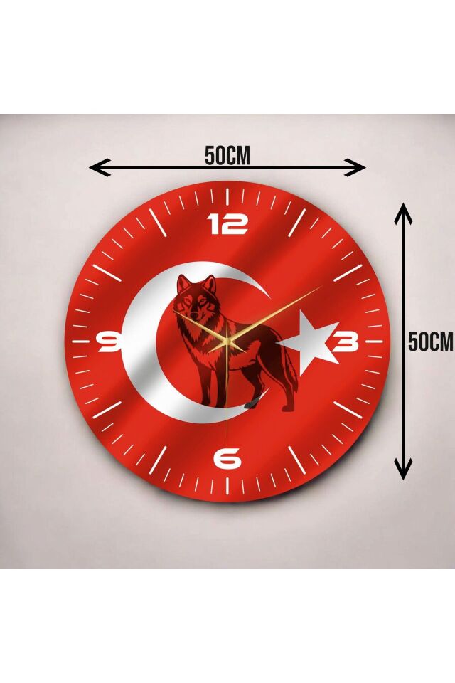 Kırmızı Renkli Baskı Bozkurt Türk Bayrağı Desenli Sayılı Hediyelik Ahşap Sessiz Duvar Saati 50cm