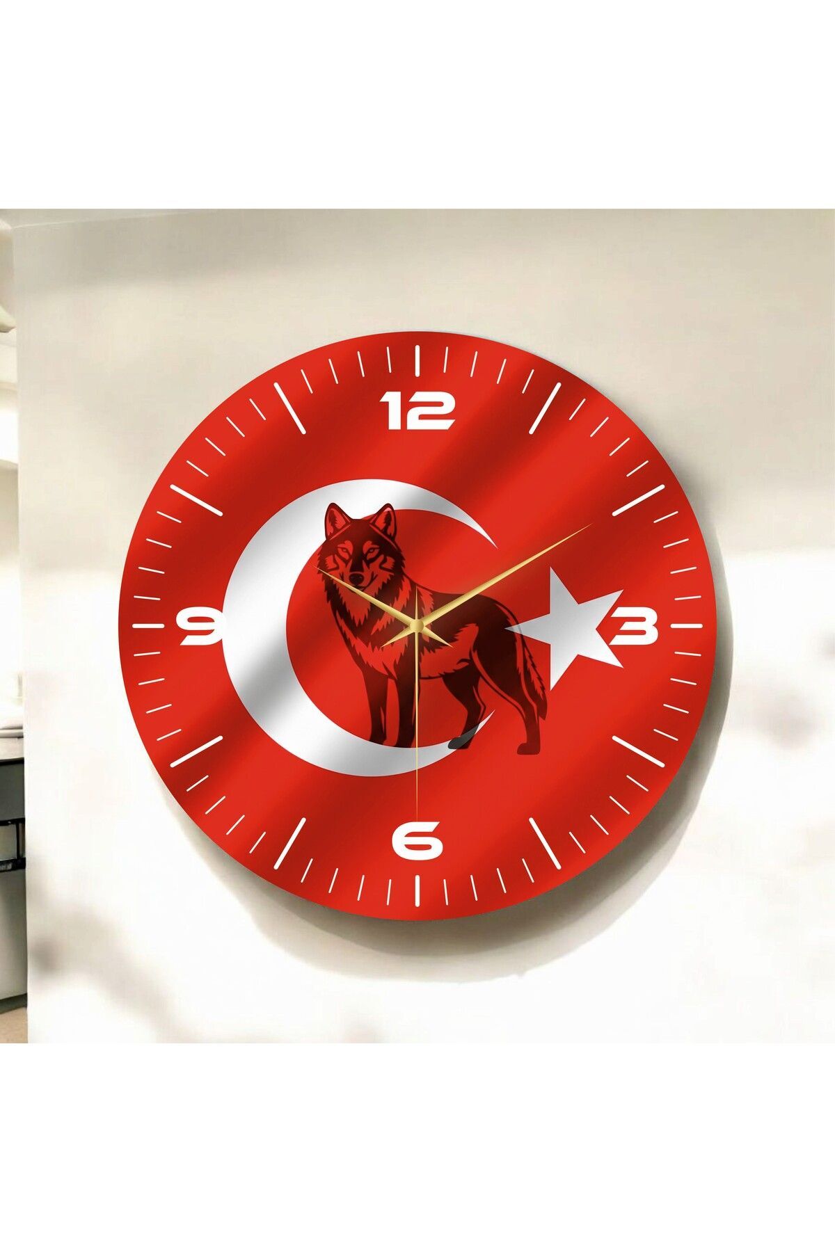 Kırmızı Renkli Baskı Bozkurt Türk Bayrağı Desenli Sayılı Hediyelik Ahşap Sessiz Duvar Saati 50cm