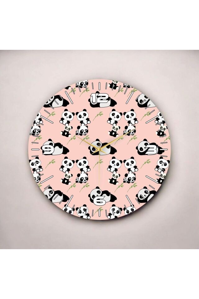 Pembe Renkli Baskı Panda Desenli Sayılı Hediyelik Ahşap Sessiz Duvar Saati 50cm