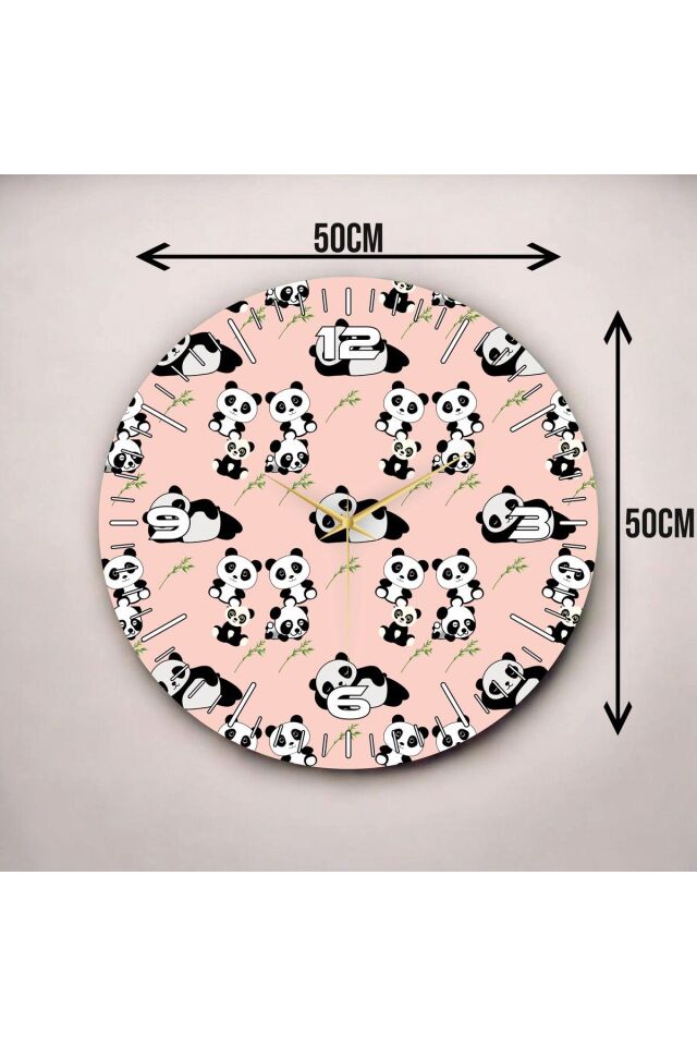 Pembe Renkli Baskı Panda Desenli Sayılı Hediyelik Ahşap Sessiz Duvar Saati 50cm