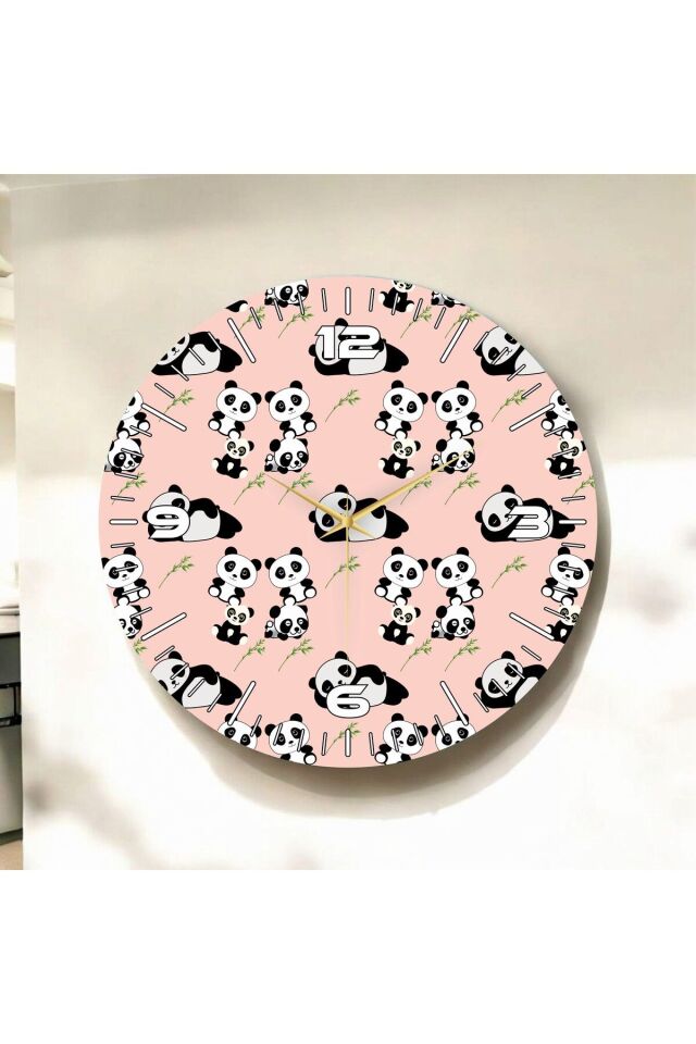 Pembe Renkli Baskı Panda Desenli Sayılı Hediyelik Ahşap Sessiz Duvar Saati 50cm