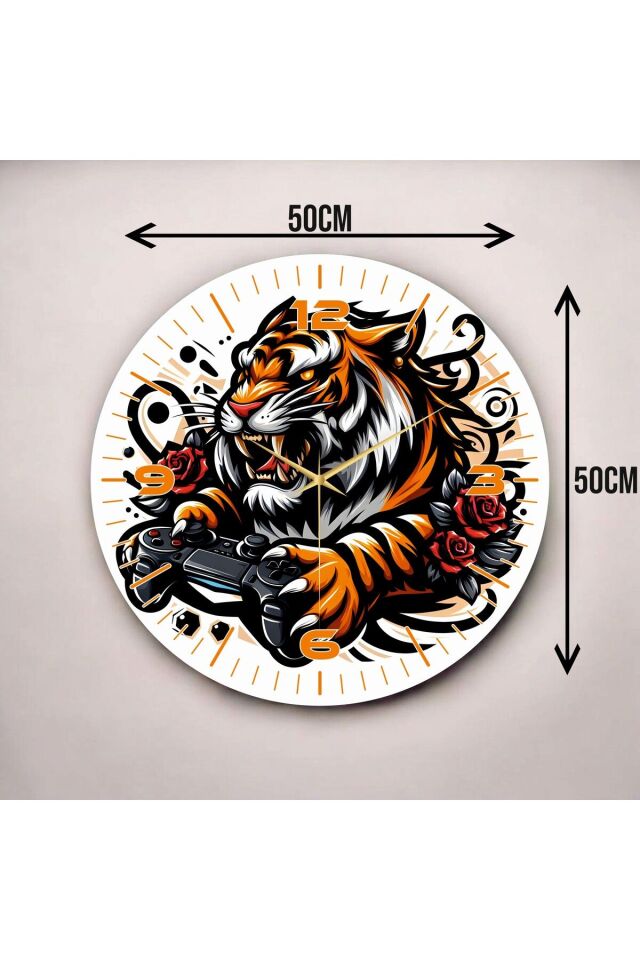 Renkli Baskı Karikatürize Gamer Kaplan Desenli Sayılı Hediyelik Ahşap Sessiz Duvar Saati 50cm