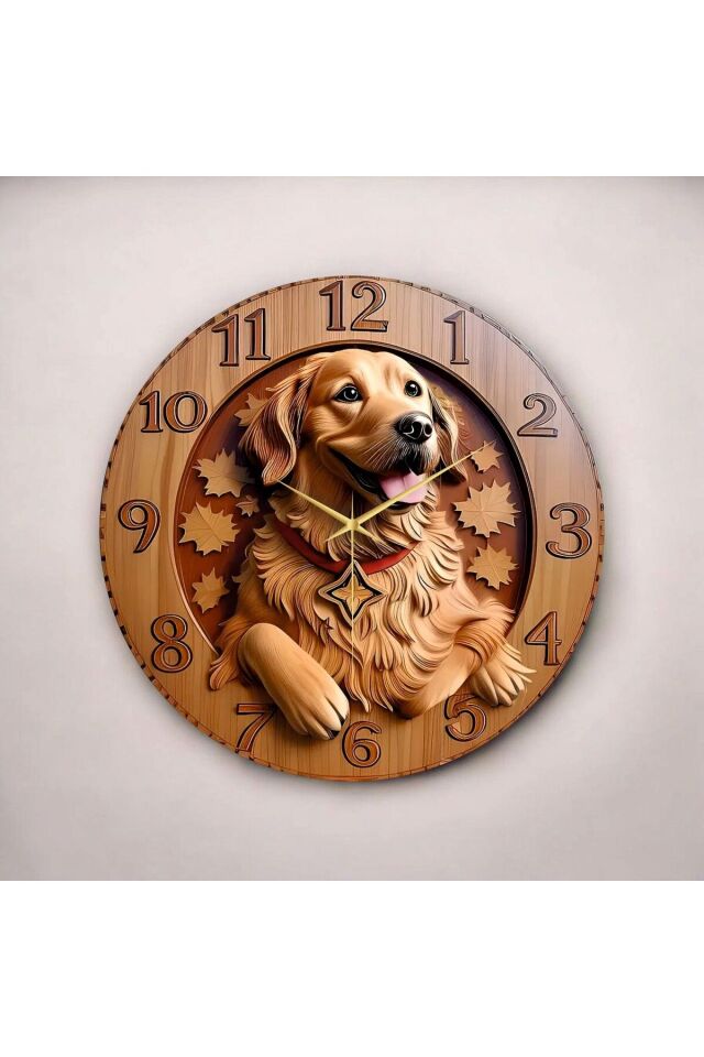 Ahşap Renkli Baskı Golden Köpek Desenli Kabartma Görünümlü Hediyelik Ahşap Sessiz Duvar Saati 50cm