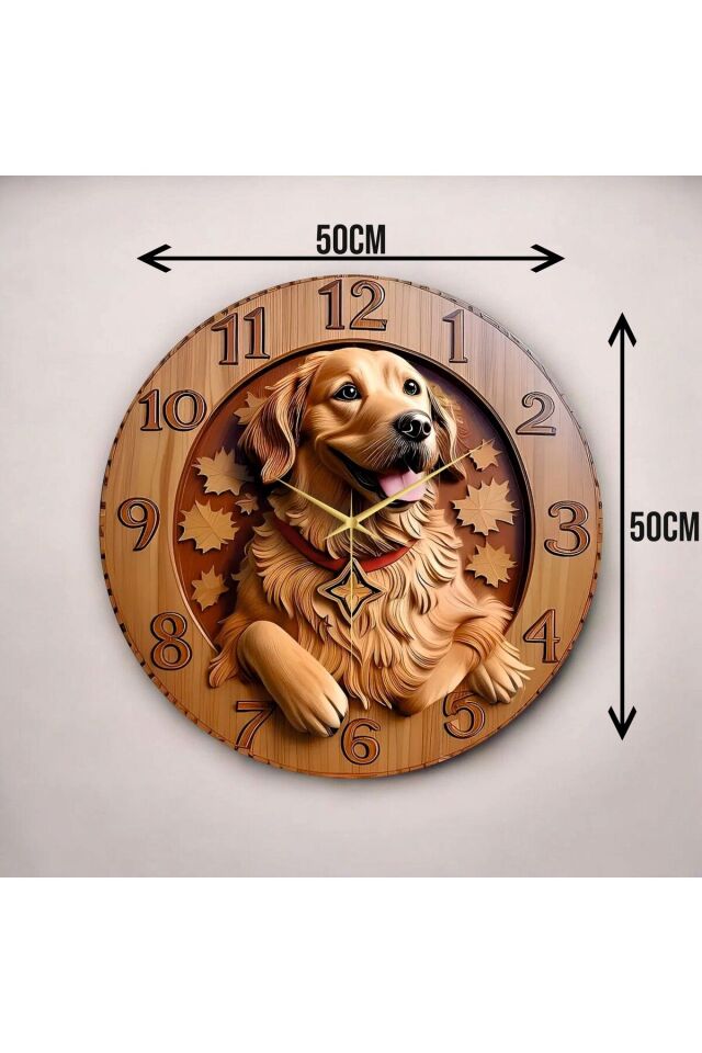 Ahşap Renkli Baskı Golden Köpek Desenli Kabartma Görünümlü Hediyelik Ahşap Sessiz Duvar Saati 50cm