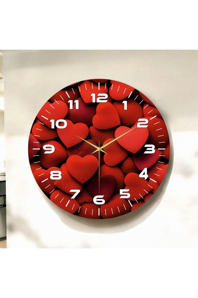 Kırmızı Renkli Baskı Kalp Desenli Sayılı Hediyelik Ahşap Sessiz Duvar Saati 50cm