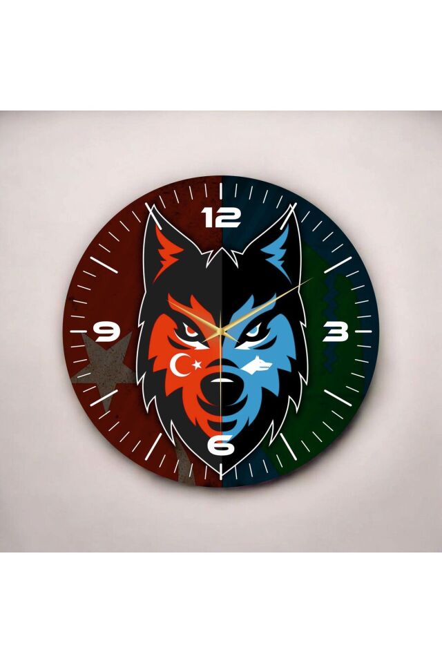 Kırmızı Mavi Renkli Baskı Bozkurt Türk Bayrak Desenli Sayılı Hediyelik Ahşap Sessiz Duvar Saati 50cm