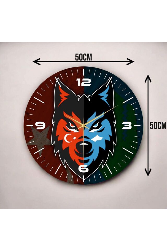 Kırmızı Mavi Renkli Baskı Bozkurt Türk Bayrak Desenli Sayılı Hediyelik Ahşap Sessiz Duvar Saati 50cm