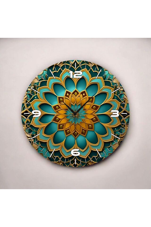 Zarif Renkli Baskı Mandala Desenli Sayılı Hediyelik Ahşap Sessiz Duvar Saati 50cm
