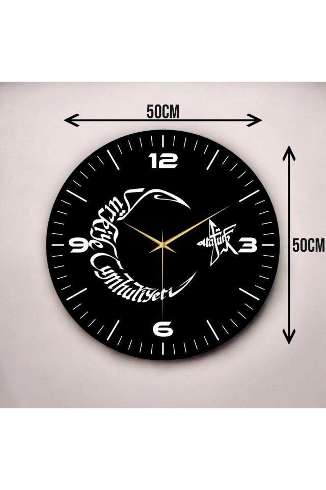 Renkli Baskı Ay Yıldız Atatürk Yazı Desenli Sayılı Hediyelik Ahşap Sessiz Duvar Saati 50cm