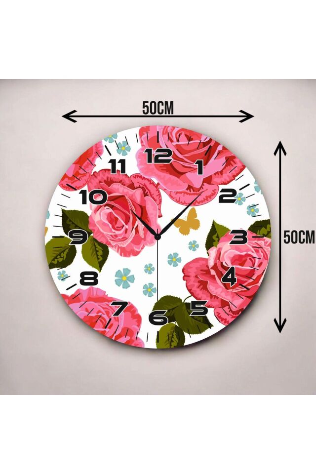 Pembe Renkli Baskı Gül Çiçeği Desenli Sayılı Hediyelik Ahşap Sessiz Duvar Saati 50cm
