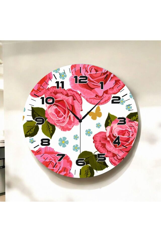 Pembe Renkli Baskı Gül Çiçeği Desenli Sayılı Hediyelik Ahşap Sessiz Duvar Saati 50cm