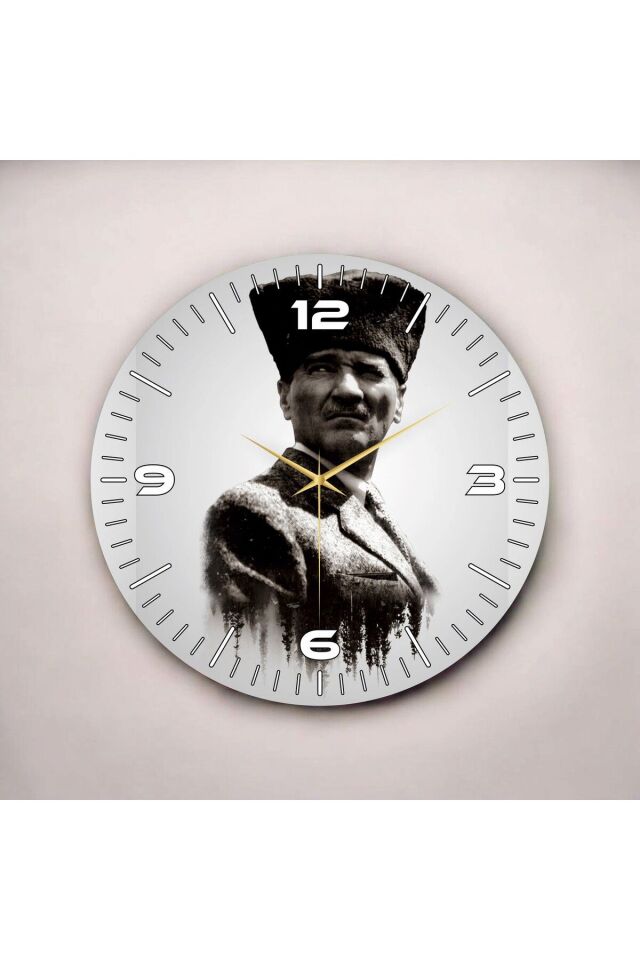 Siyah Beyaz Renkli Baskı Atatürk Portre Desenli Sayılı Hediyelik Ahşap Sessiz Duvar Saati 50cm