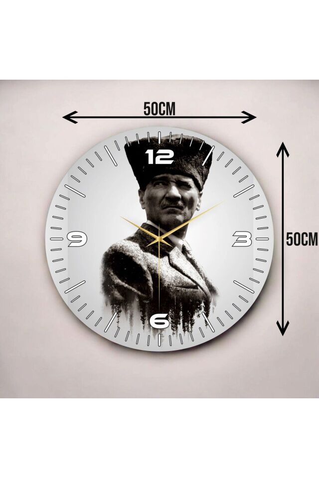 Siyah Beyaz Renkli Baskı Atatürk Portre Desenli Sayılı Hediyelik Ahşap Sessiz Duvar Saati 50cm