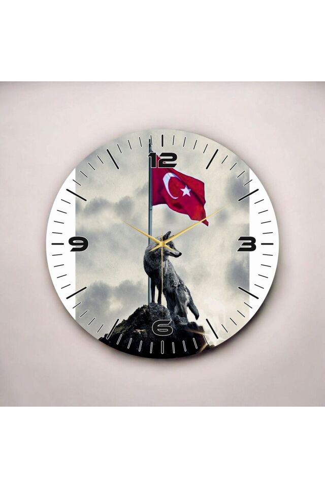 Renkli Baskı Türk Bayrağı ve Bozkurt Desenli Sayılı Hediyelik Ahşap Sessiz Duvar Saati 50cm