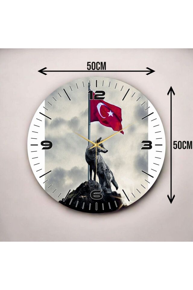 Renkli Baskı Türk Bayrağı ve Bozkurt Desenli Sayılı Hediyelik Ahşap Sessiz Duvar Saati 50cm