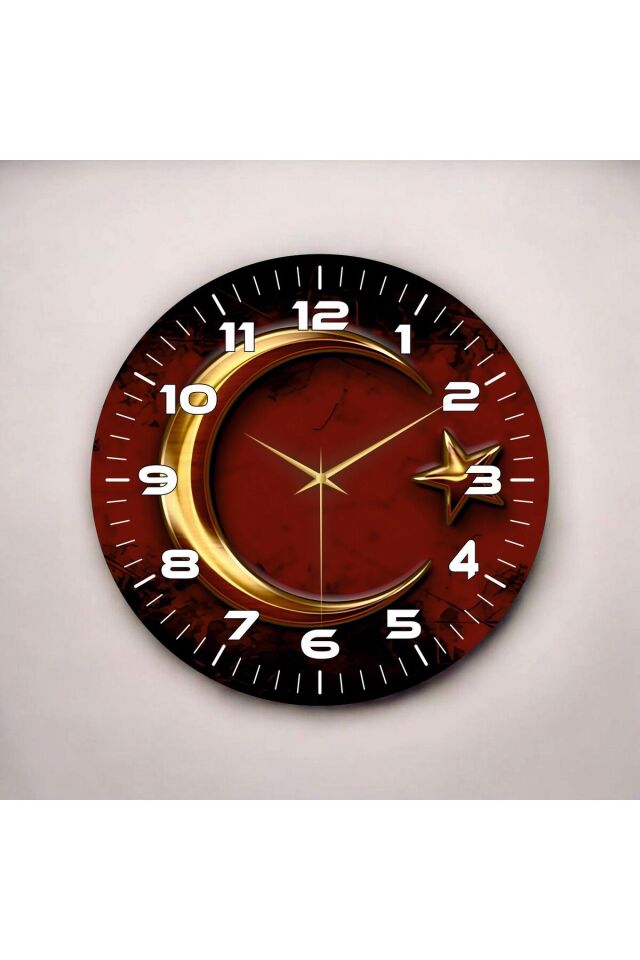 Renkli Baskı Ay Yıldız Desenli Sayılı Hediyelik Ahşap Sessiz Duvar Saati 50cm