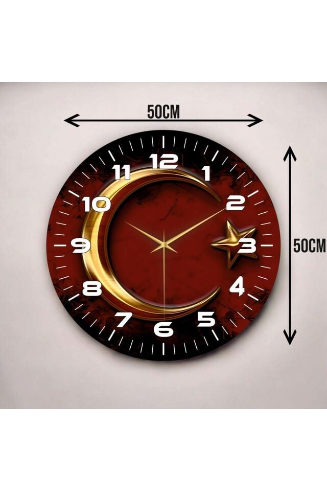 Renkli Baskı Ay Yıldız Desenli Sayılı Hediyelik Ahşap Sessiz Duvar Saati 50cm