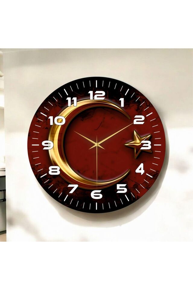 Renkli Baskı Ay Yıldız Desenli Sayılı Hediyelik Ahşap Sessiz Duvar Saati 50cm