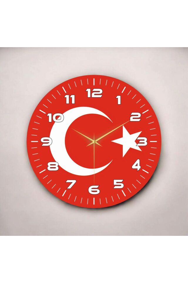 Sade Kırmızı Renkli Baskı Türk Bayrağı Desenli Sayılı Hediyelik Ahşap Sessiz Duvar Saati 50cm