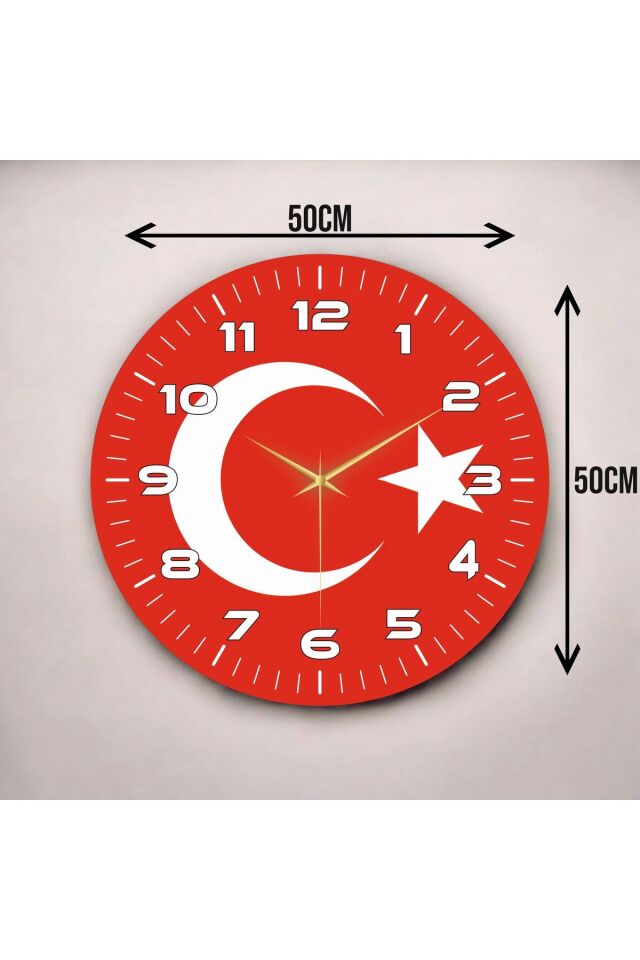Sade Kırmızı Renkli Baskı Türk Bayrağı Desenli Sayılı Hediyelik Ahşap Sessiz Duvar Saati 50cm