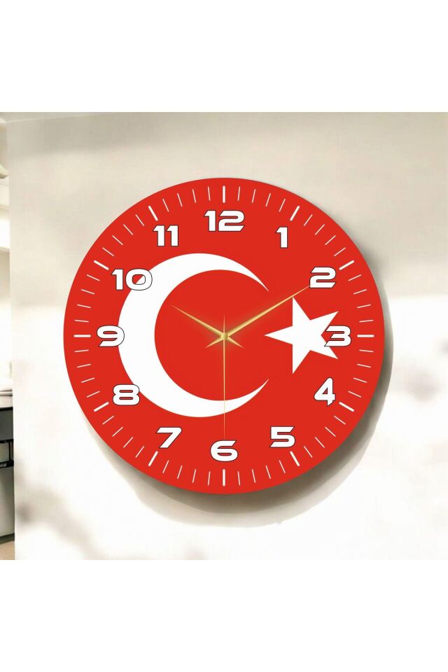 Sade Kırmızı Renkli Baskı Türk Bayrağı Desenli Sayılı Hediyelik Ahşap Sessiz Duvar Saati 50cm