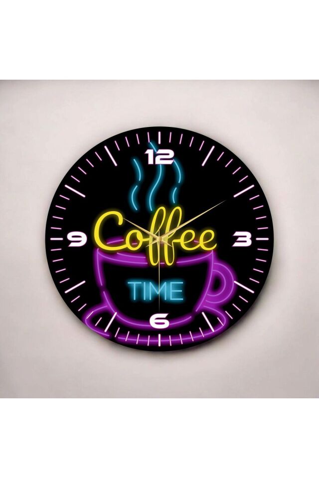 Neon Renkli Coffee Time Yazılı Baskı Desenli Sayılı Hediyelik Ahşap Sessiz Duvar Saati 50cm
