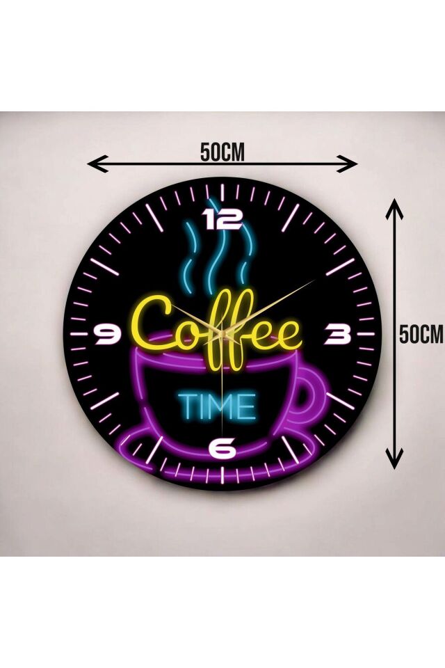 Neon Renkli Coffee Time Yazılı Baskı Desenli Sayılı Hediyelik Ahşap Sessiz Duvar Saati 50cm