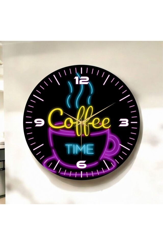 Neon Renkli Coffee Time Yazılı Baskı Desenli Sayılı Hediyelik Ahşap Sessiz Duvar Saati 50cm