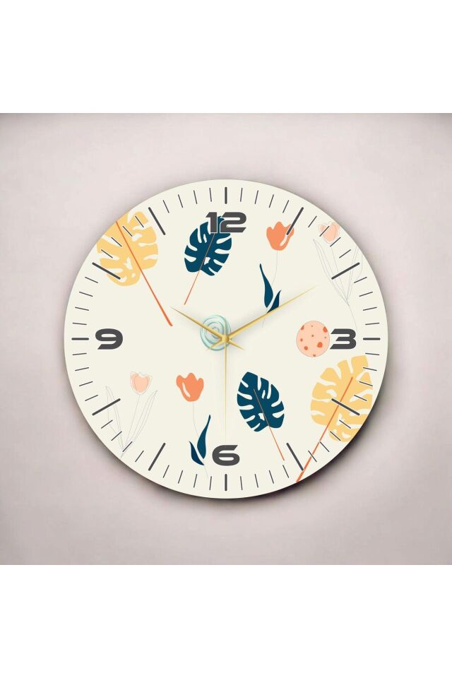 Beyaz Renkli Baskı Yaprak Desenli Sayılı Hediyelik Ahşap Sessiz Duvar Saati 50cm