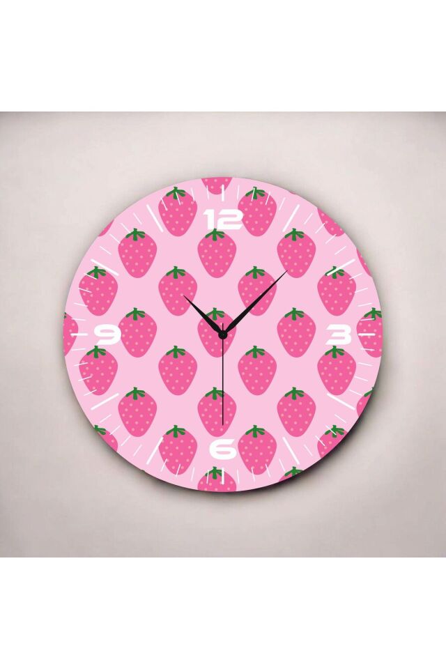 Pembe Renkli Baskı Çilek Desenli Sayılı Hediyelik Ahşap Sessiz Duvar Saati 50cm